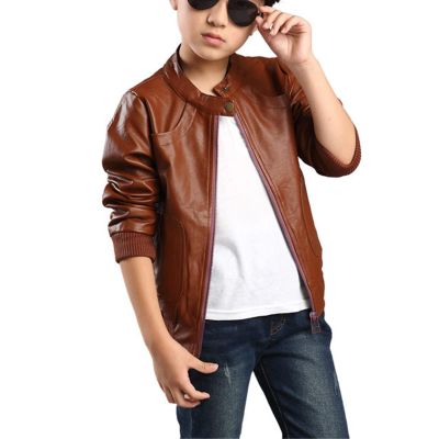 Baby Boys Girls Kids Outfits Spring Autumn PU Faux Leather Lapel Jacket Obliqu Zipper Outerwear Coat (Brown, 9-10 Years)
