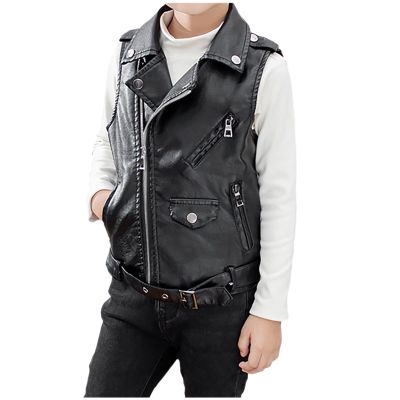 Boys Trendy Stand Collar PU Leather Moto Jacket Leather Coat Collar Faux Motorcycle Leather Jacket (Black, 7-8 Years)