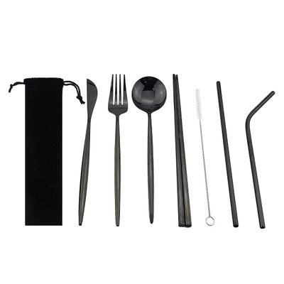 8 Pcs Reusable Utensils with Case, Office Lunch Utensils, Black Portable Flatware Stainless Set with Waterproof Pouch, Outdoor Camping Picnic Cutlery Set and Straw Knife Fork Spoon /1838