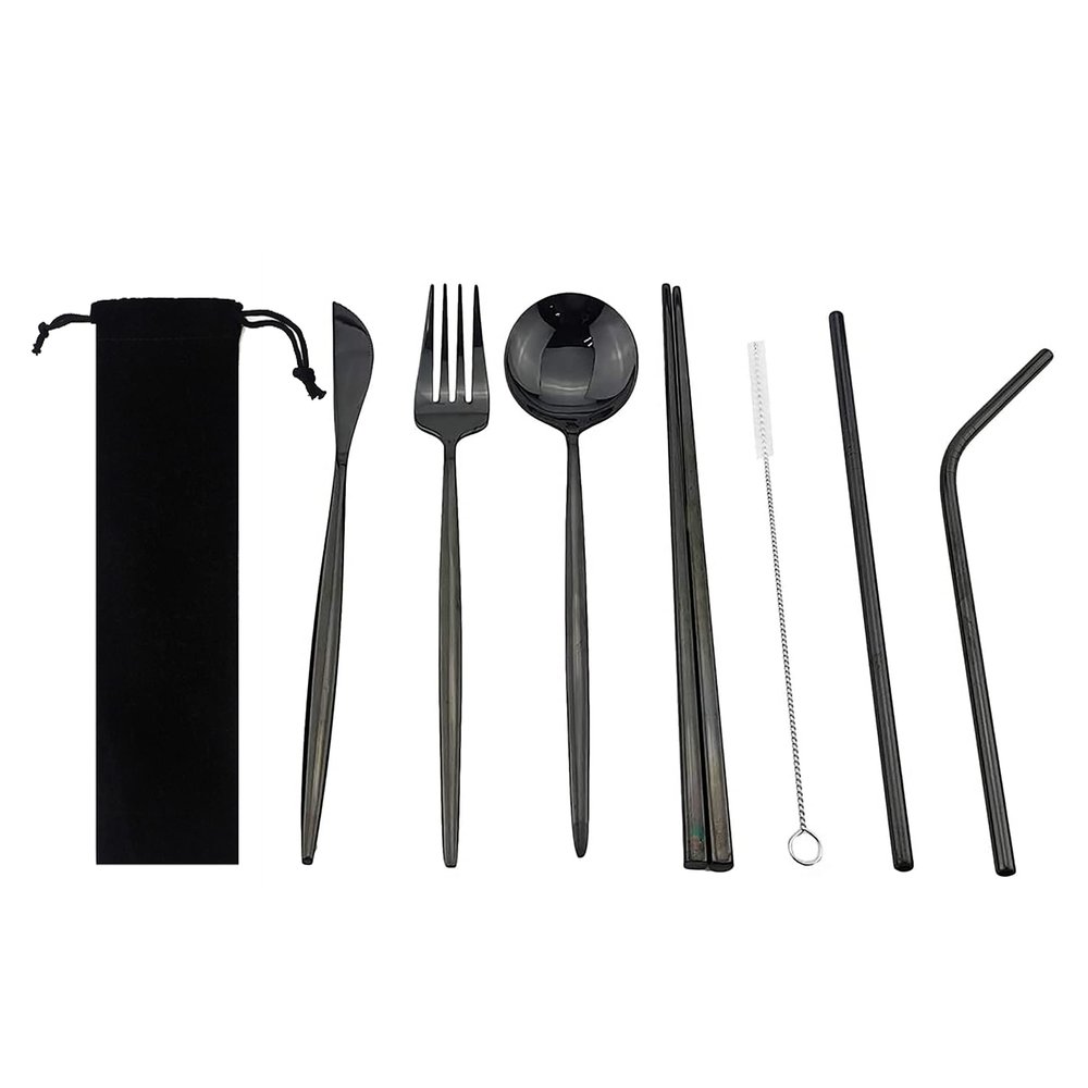 8 Pcs Reusable Utensils with Case, Office Lunch Utensils, Black Portable Flatware Stainless Set with Waterproof Pouch, Outdoor Camping Picnic Cutlery Set and Straw Knife Fork Spoon /1838