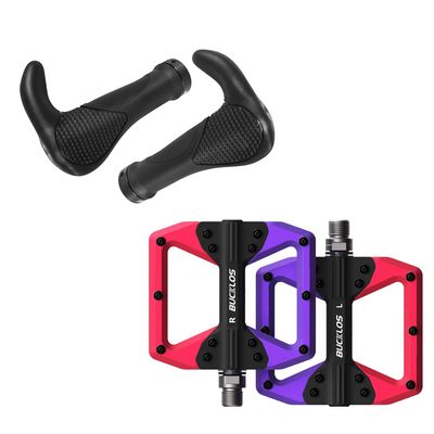 BUCKLOS MTB Flat Pedals Mountain Bike Pedals (Purple+Black+Red) with Single Lock-on Bike Handlebar Grips Ergonomic Mountain Bicycle Handle Grips