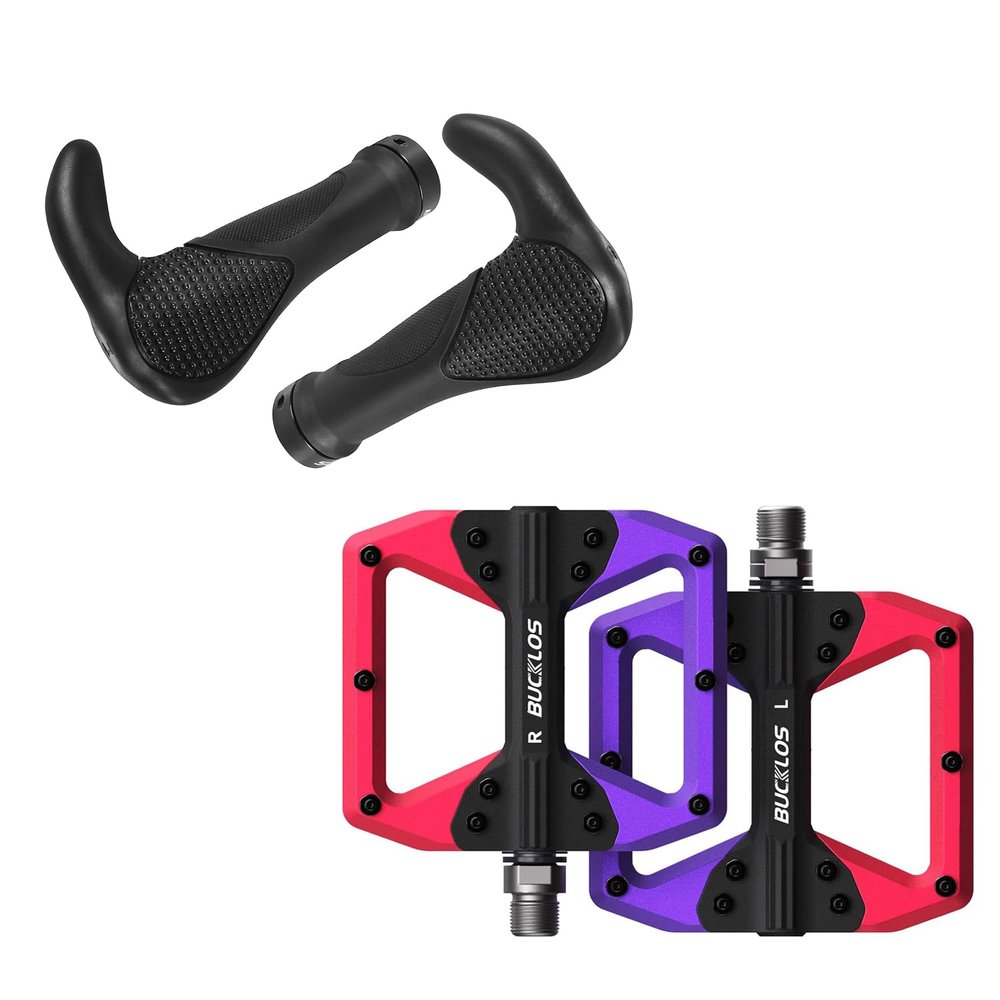 BUCKLOS MTB Flat Pedals Mountain Bike Pedals (Purple+Black+Red) with Single Lock-on Bike Handlebar Grips Ergonomic Mountain Bicycle Handle Grips