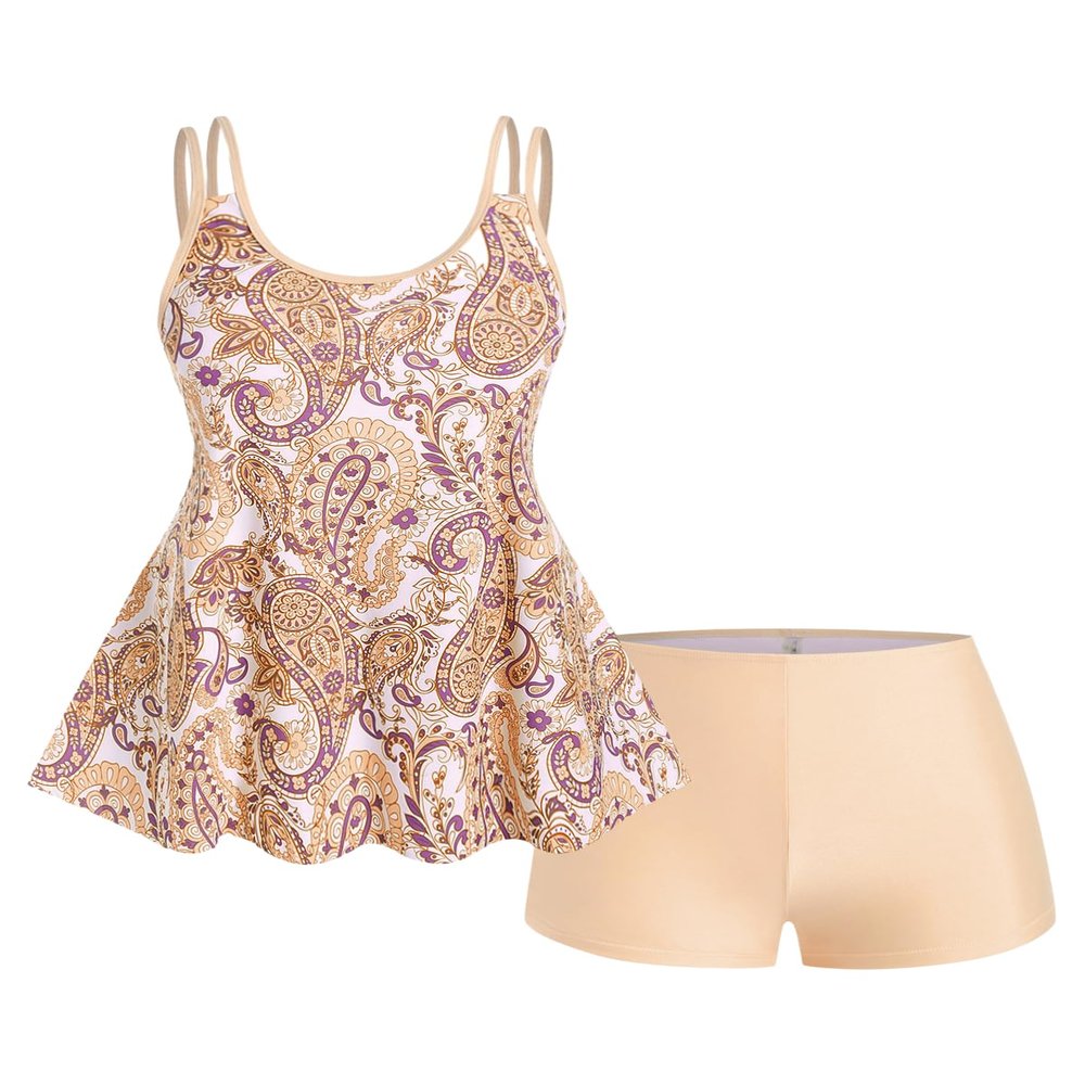 Rosegal Womens Plus Size Bohemian Paisley Print Tankini Swimwear with Boyshorts(Light Orange_1/2X)