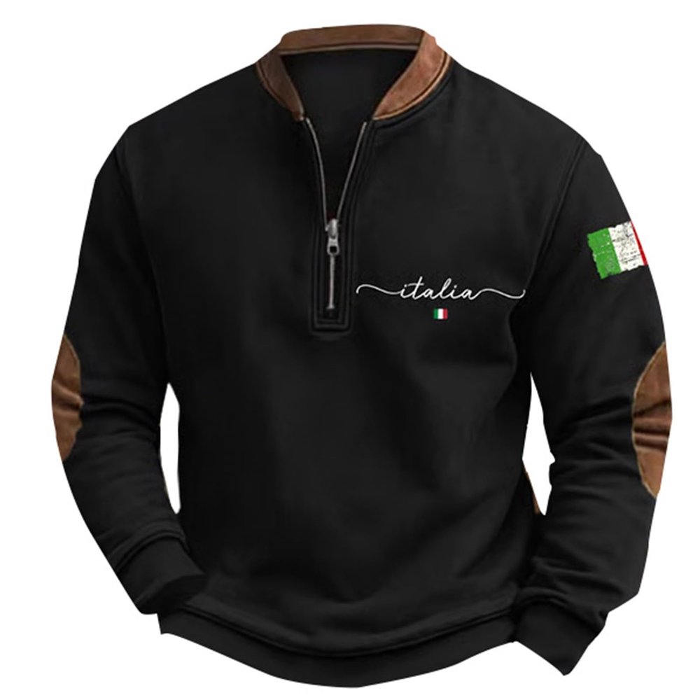 Mens Casual Sweatshirt Italian Flag Printed Elbow Patch Zip Long Sleeve Pullovers Fashion Loose Comfy Tops Plus Size