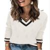 AKEWEI Women's Fall Sweaters V Neck Casual Long Sleeve Tops Shirts Ribbed Buttons Pullover(Color Block,Medium) view 1