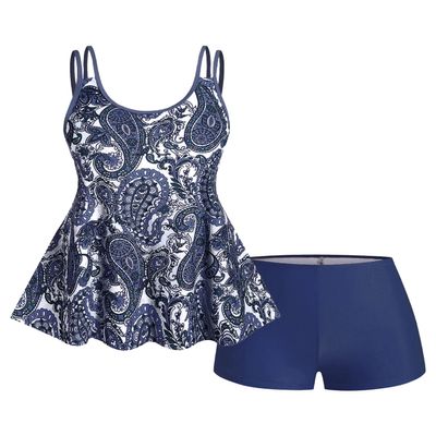 ROSE GAL Womens Plus Size Bohemian Paisley Print Tankini Swimwear with Boyshorts(Blue_2/L)