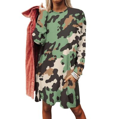 Army Green Camouflage Women's Sweatshirts Dress Long Sleeve Pullover Shirts Loose Fit Tops Mini Dress with Pockets 2XS