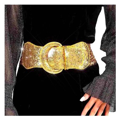 Yalice Sparkle Sequins Elastic Waist Belt Stretchy Wide Waist Belts for Dresses Lady Leather Belt for Women (Gold, Fits Waist Size25-32)