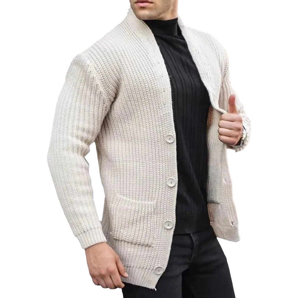 JEShifangjiusu Men's Shawl Collar Cardigan Sweaters Cable Knitted Outerwear Ribbed Hem Cuff Soft Knitwear with Buttons (White,3X-Large)