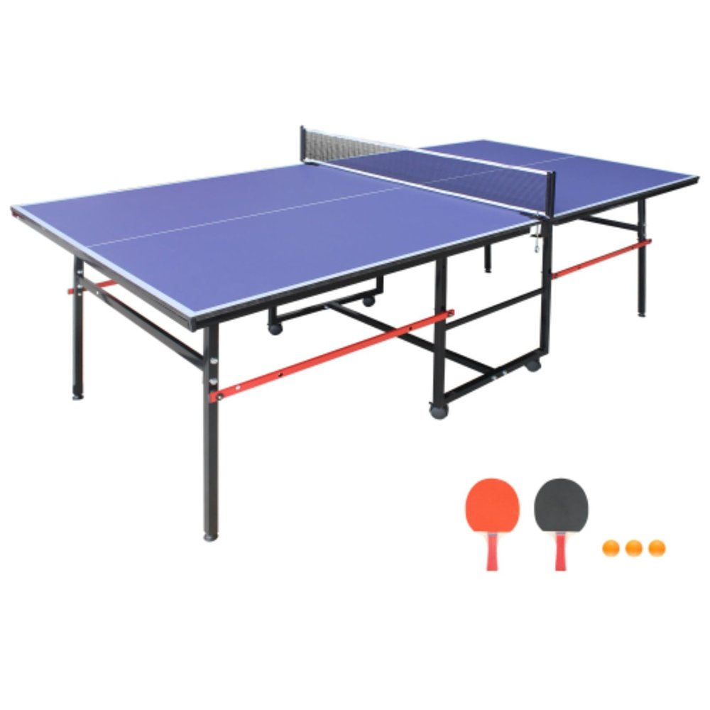 8ft Medium Ping Pong Table, Foldable Portable Table Tennis Table Set with Net, Wheels for Indoor Games, Comes with Net, 2 Ping Pong Paddles and 3 Balls