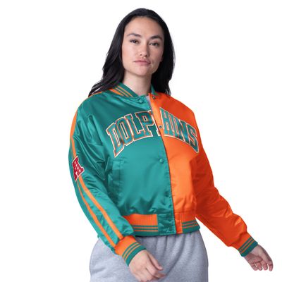 STARTER Women's Aqua/Orange Miami Dolphins Zone Blitz Cropped Full-Snap Satin Jacket