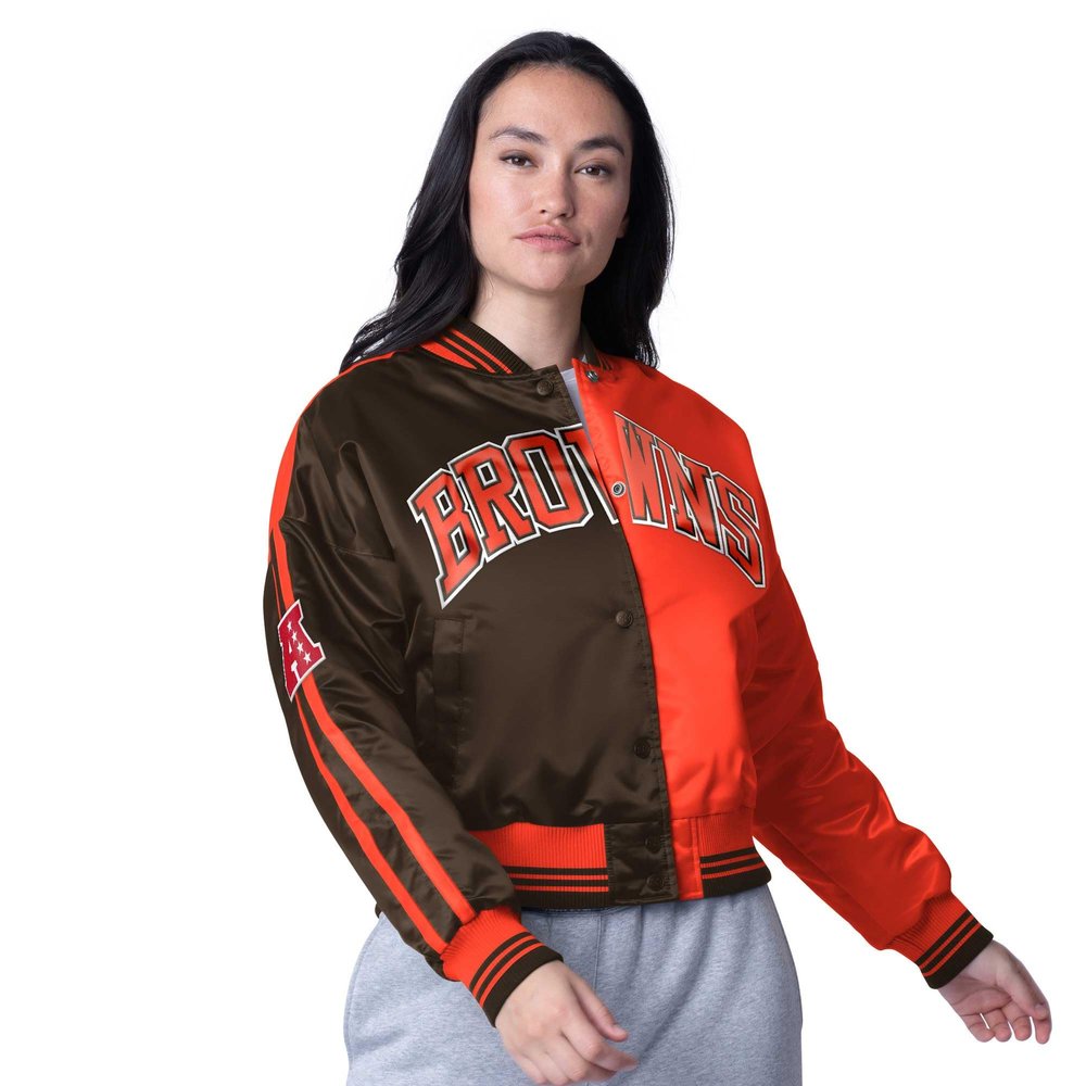 STARTER Women's Brown/Orange Cleveland Browns Zone Blitz Cropped Full-Snap Satin Jacket