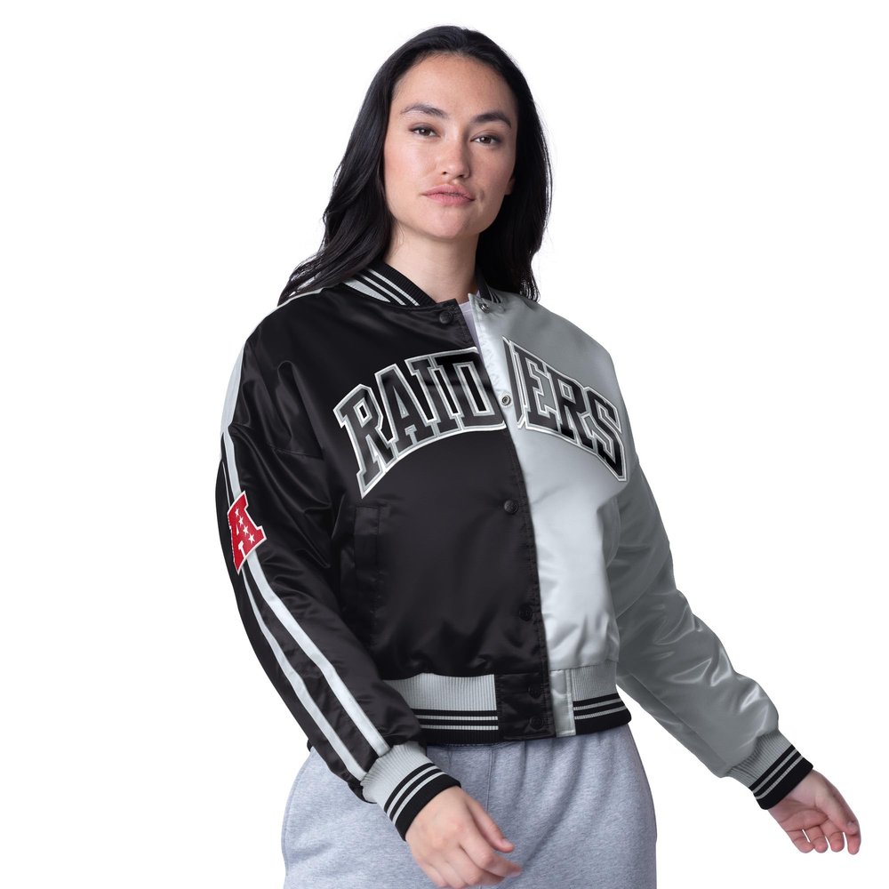 STARTER Women's Black/Silver Las Vegas Raiders Zone Blitz Cropped Full-Snap Satin Jacket