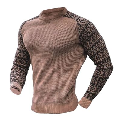 Men's Printed Knitted Pullover Casual Waffle Long Sleeve Male Knits Sweaters Vintage Round Neck Knit Sweater (Khaki,Medium)