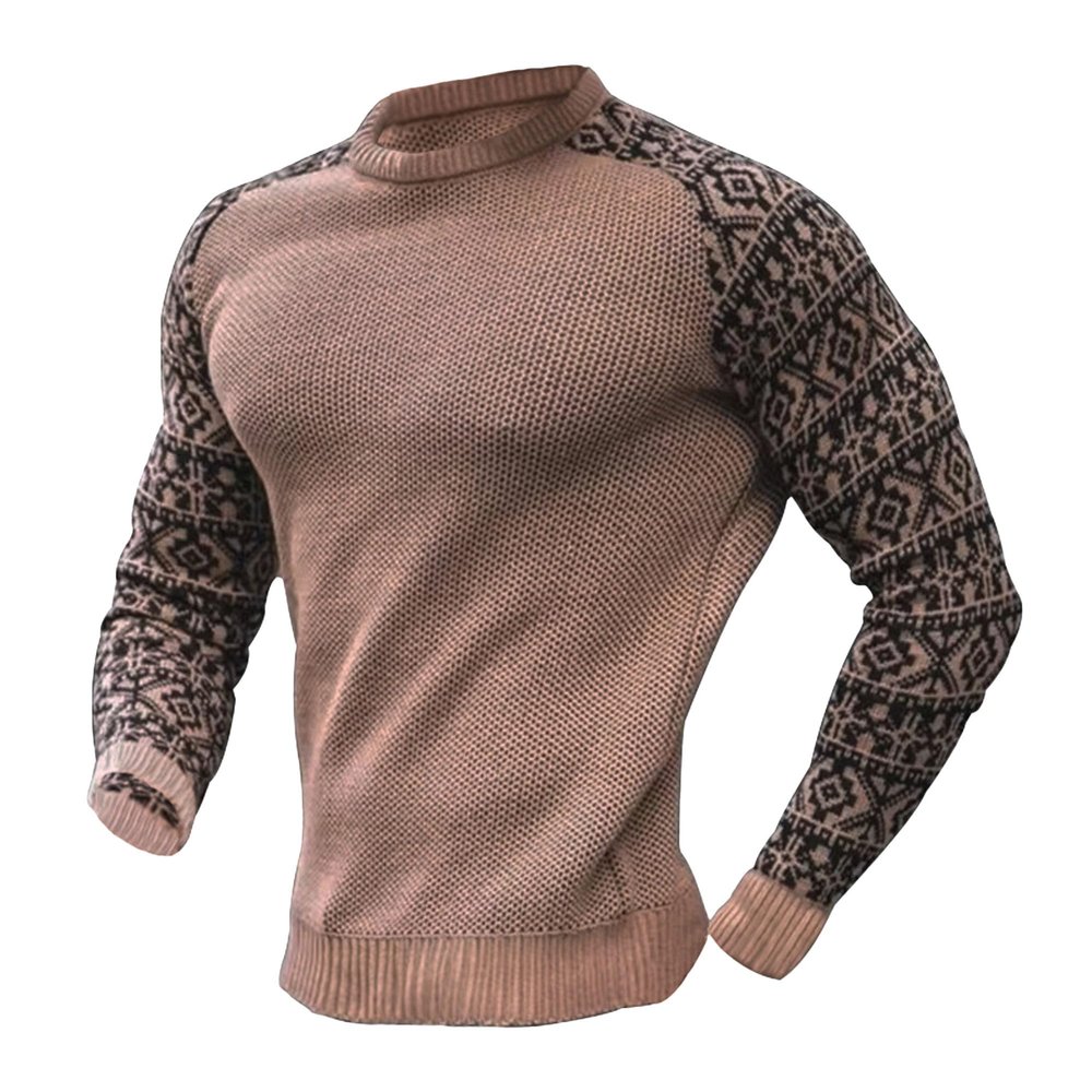 Men's Printed Knitted Pullover Casual Waffle Long Sleeve Male Knits Sweaters Vintage Round Neck Knit Sweater (Khaki,Medium)