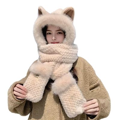 Cat Ears Winter Hat Scarf Gloves Set, 3-in-1 Plush Animal Hat Faux Fur Hooded Scarf Set for women kids