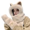 Cat Ears Winter Hat Scarf Gloves Set, 3-in-1 Plush Animal Hat Faux Fur Hooded Scarf Set for women kids view 2