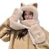 Cat Ears Winter Hat Scarf Gloves Set, 3-in-1 Plush Animal Hat Faux Fur Hooded Scarf Set for women kids view 3