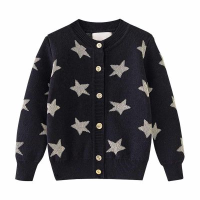 Toddler Boys Girls Star Pattern Sweater Cardigan Kids Baby Crewneck Long Sleeve Button Up Knitted (Black, 18-24 Months)