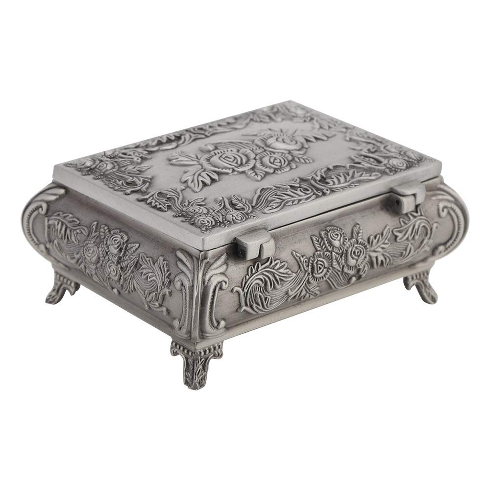Aqur2020 Rose Carving Jewelry Box with Three Compartments, Zinc Alloy Jewelry Storage for Rings, Earrings, Necklaces