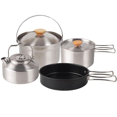 BVFNKQSC 4-Piece Camping Stainless Steel cookware Set, Portable Picnic Set, Outdoor Camping Kettle, Suitable for Outdoor self Driving Camping and picnicking,A
