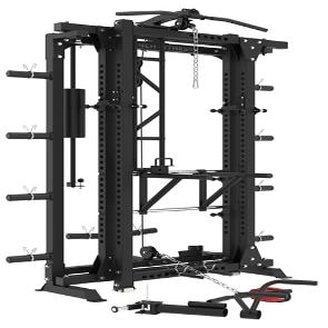 French Fitness Foldable Power Rack - Complete Cable Rack System, Multi-Grip Pull-Up Bar, Plate-Loaded Lat Pulldown, Low Row, J-Hooks, Safety Bars, 8 Weight Horns - Compact & Durable (BLACK)