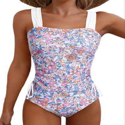 Aleumdr Womens Retro Two Piece Strappy Side Drawstring Tankini Top Padded Push up Bathing Suit Set Bikini Bottom Swimsuits Floral Pink X-Large