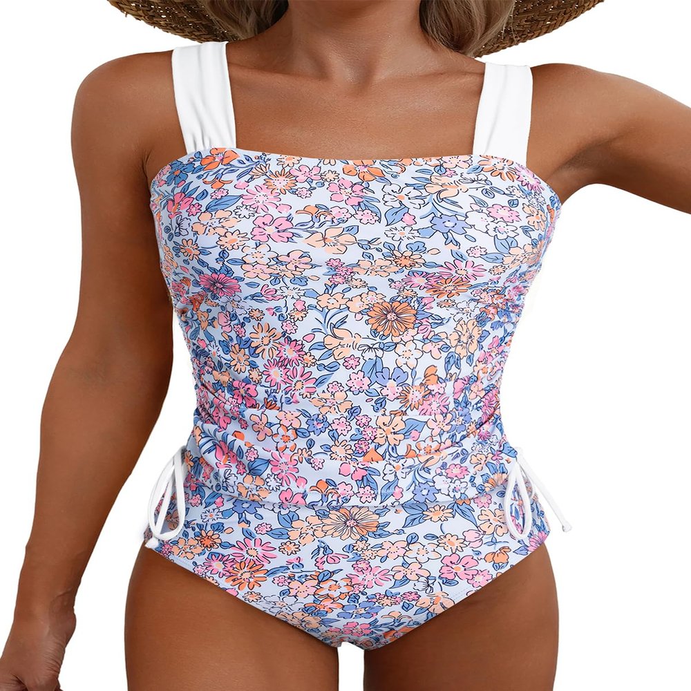 Aleumdr Womens Retro Two Piece Strappy Side Drawstring Tankini Top Padded Push up Bathing Suit Set Bikini Bottom Swimsuits Floral Pink X-Large