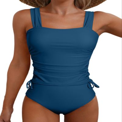Aleumdr Womens Retro Two Piece Strappy Side Drawstring Tankini Top Padded Push up Bathing Suit Set Bikini Bottom Swimsuits Blue X-Large