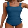 Aleumdr Womens Retro Two Piece Strappy Side Drawstring Tankini Top Padded Push up Bathing Suit Set Bikini Bottom Swimsuits Blue X-Large view 1
