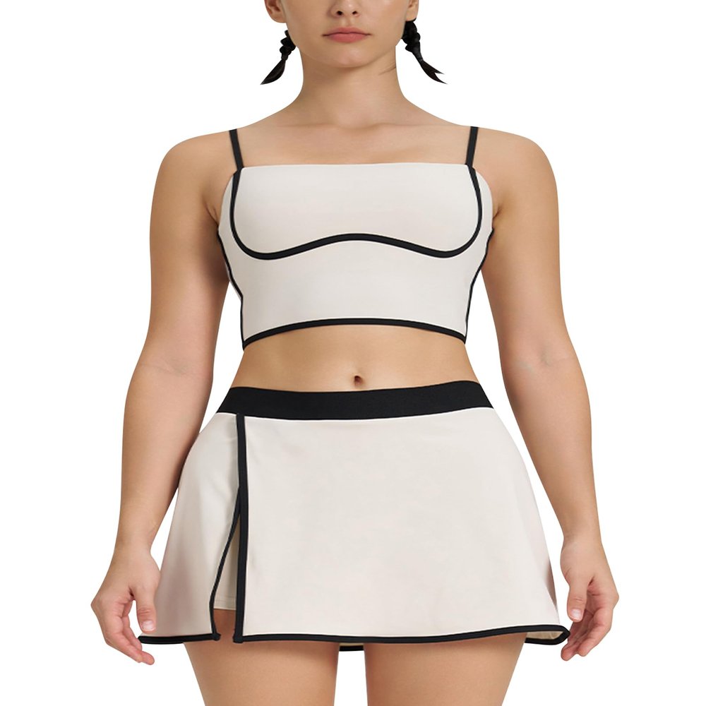 AFAVOM Women 2 Piece Tennis Skirt Set Workout Sports Bra with Side Slit Mini Skirt Two Piece Athletic Set Cami Crop Top Golf Outfit Jogger Active Contrast Panel Cheerleading Skort Sets White S