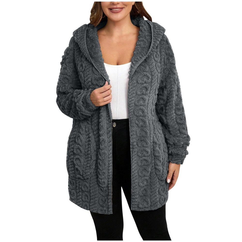 Womens Sherpa Jacket Trendy Plush Open Front Cardigan with Hood Cozy Warm Fuzzy Fleece Jacket Soft Fluffy Cardigan Sweaters Oversized Flannel Hoodie Faux Fur Coat Loose Fit Winter Jackets with Pockets