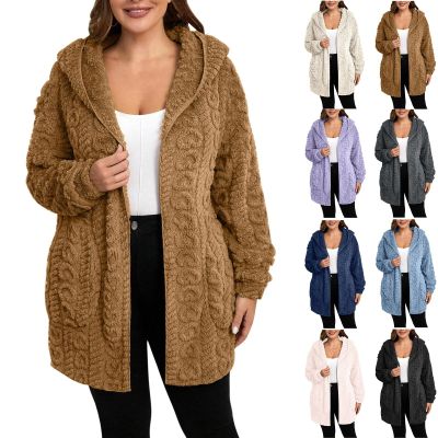 Sherpa Jacket Women Trendy Plush Open Front Cardigan with Hood Warm Cozy Fuzzy Fleece Jacket Fluffy Soft Cardigan Sweaters Oversized Flannel Hoodie Faux Fur Coat Loose Fit Winter Coats with Pockets