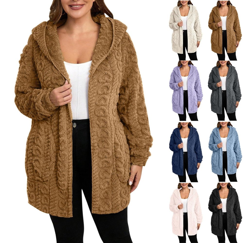 Sherpa Jacket Women Trendy Plush Open Front Cardigan with Hood Warm Cozy Fuzzy Fleece Jacket Fluffy Soft Cardigan Sweaters Oversized Flannel Hoodie Faux Fur Coat Loose Fit Winter Coats with Pockets