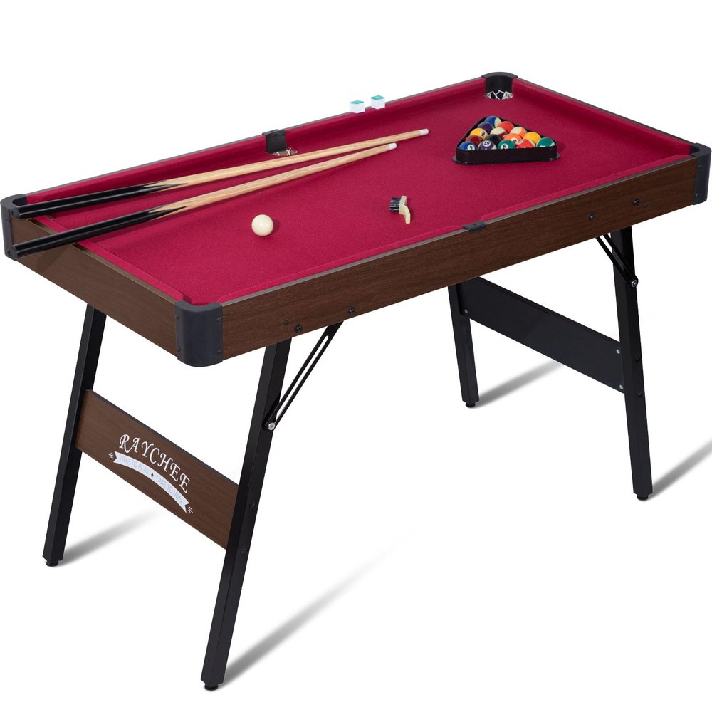 REAHOISY Folding Pool Table, 48" Portable Kids Billiard Tables with Adjustable Feet, 16 Balls, 2 Cue Sticks, 2 Chalks and Brush, Foldable Mini Pool Table for Family, Party (Red)