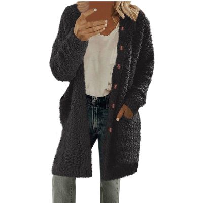 MXTPOV Winter Fleece Coats For Women 2024 Faux Fur Cardigan Long Sleeve Open Front Fuzzy Sherpa Jackets With Pockets Black L