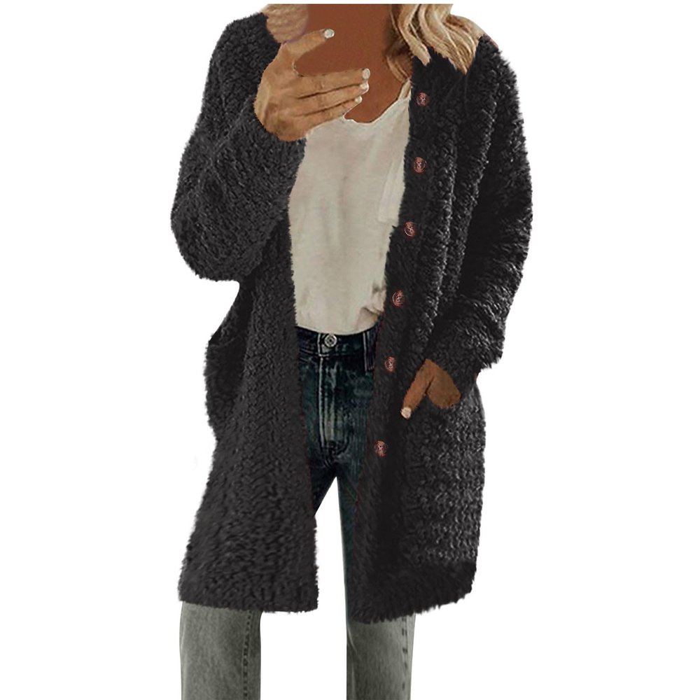 MXTPOV Winter Fleece Coats For Women 2024 Faux Fur Cardigan Long Sleeve Open Front Fuzzy Sherpa Jackets With Pockets Black L
