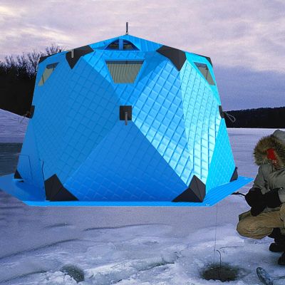 XQZMZSCP Ice Fishing Shelter with Stove Jack and Floor, Portable Ice Fishing Tent 420D Insulated Layer Ice Shanty Hexagon Ice Huts (Blue 260X260X170cm)