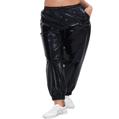 Womens Drawstring Cargo High Waist Jogger Pants Sexy Metallic Sparkly Wide Leg Pants Trousers Clubwear