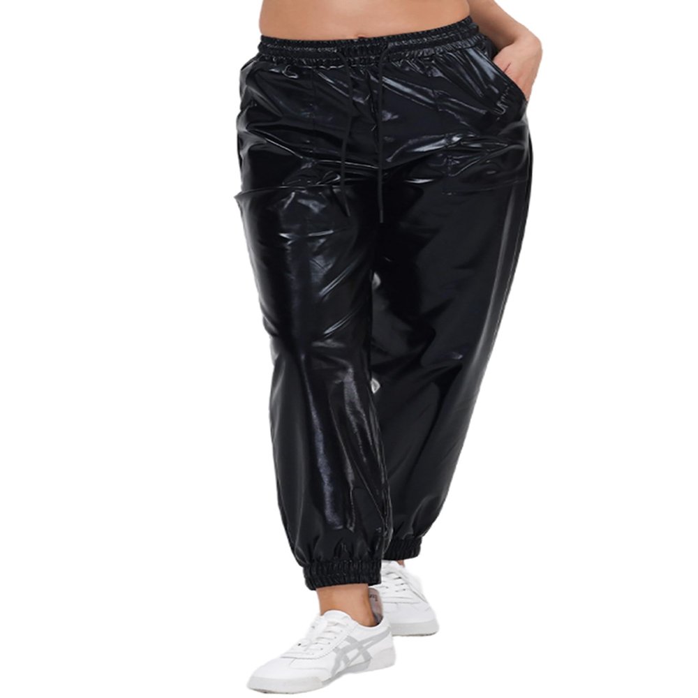 Womens Drawstring Cargo High Waist Jogger Pants Sexy Metallic Sparkly Wide Leg Pants Trousers Clubwear