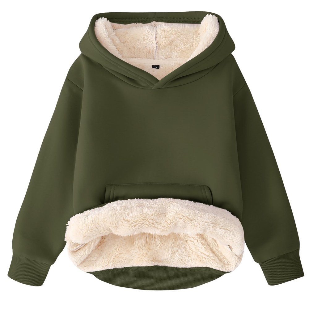 Flygo Unisex Boys Girls Fleece Lined Sherpa Hoodie Kids Warm Winter Hoodies Pullover Hooded Sweatshirt Sweater(ArmyGreen-XL)