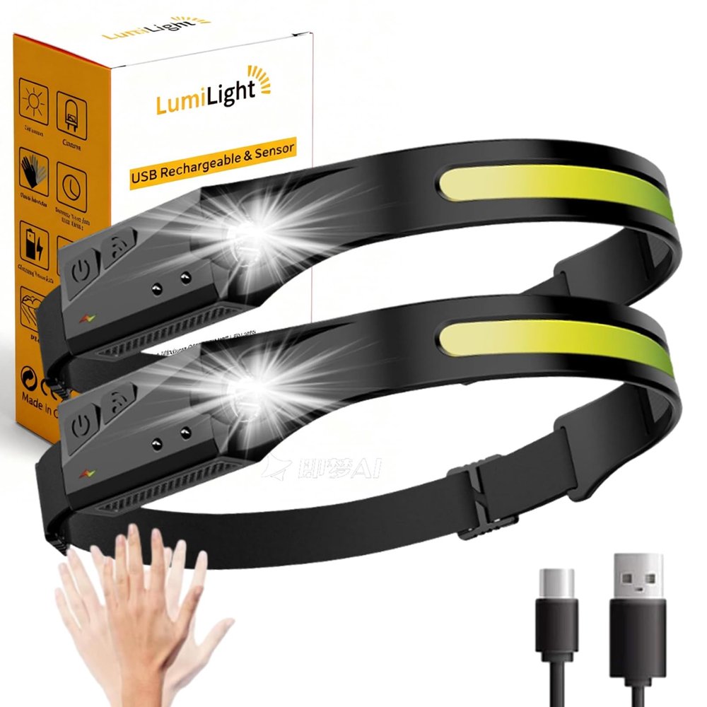 Achuhe Lumilight Headlamp, Lumi Light LED Head Band Rechargeable LED Headlamp, 230 Wide Beam Head Lamp with Motion Sensor for Adults, 5 Mode Waterproof Lightweight Outdoor Camping Essentials (2pcs)