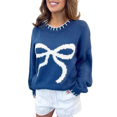 Women Y2K Coquette Bow Sweater Long Sleeve Crewneck Ribbon Pullover E Girl Aesthetic Sweatshirt Vintage Streetwear (Dark Blue, L)