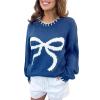 Women Y2K Coquette Bow Sweater Long Sleeve Crewneck Ribbon Pullover E Girl Aesthetic Sweatshirt Vintage Streetwear (Dark Blue, L) view 1