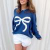 Women Y2K Coquette Bow Sweater Long Sleeve Crewneck Ribbon Pullover E Girl Aesthetic Sweatshirt Vintage Streetwear (Dark Blue, L) view 2