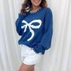 Women Y2K Coquette Bow Sweater Long Sleeve Crewneck Ribbon Pullover E Girl Aesthetic Sweatshirt Vintage Streetwear (Dark Blue, L) view 4