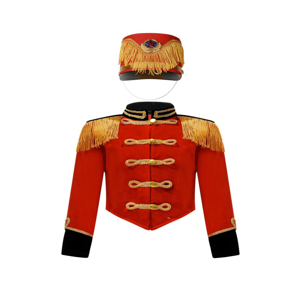 easyforever Kids Girls Boys Drum Major Team Uniform Drummer Performance Outfits Marching Band Tassel Jacket Coat and Hat B Red 4 Years