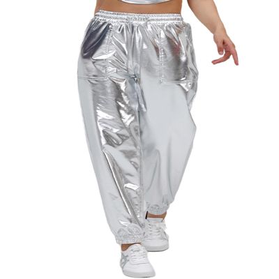 Womens Drawstring Cargo High Waist Jogger Pants Sexy Metallic Sparkly Wide Leg Pants Trousers Clubwear