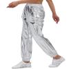 Womens Drawstring Cargo High Waist Jogger Pants Sexy Metallic Sparkly Wide Leg Pants Trousers Clubwear view 3