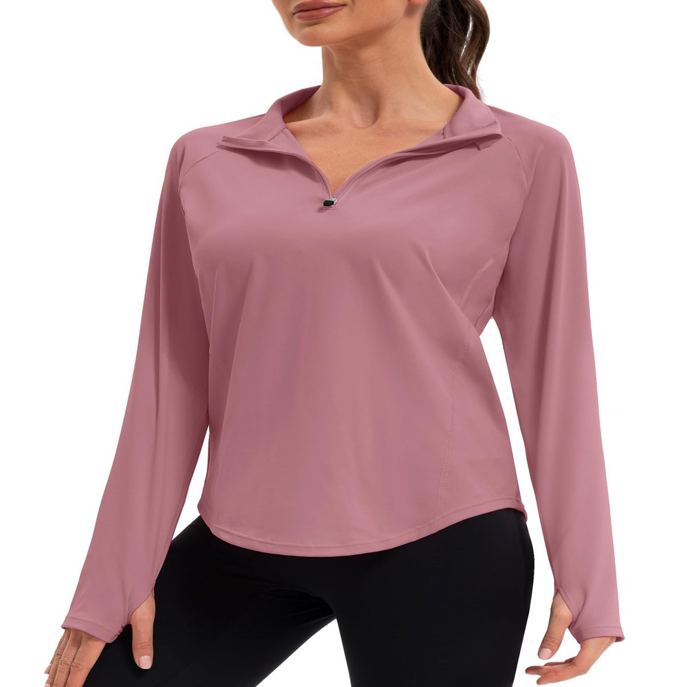 addigi Women's 1/4 Zip Long Sleeve Workout Tops Athletic Running Yoga Hiking Pullover Quick Dry UPF 50+ Sun Shirts with Thumb Hole Mauve Pink Small